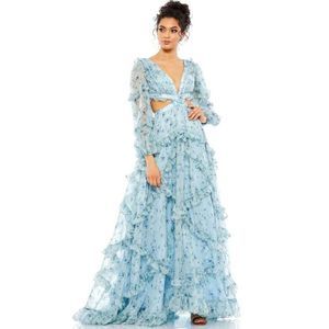 IEENA FOR MAC DUGGAL Long Sleeve Ruffle Chiffon Empire Waist Gown Sz 8